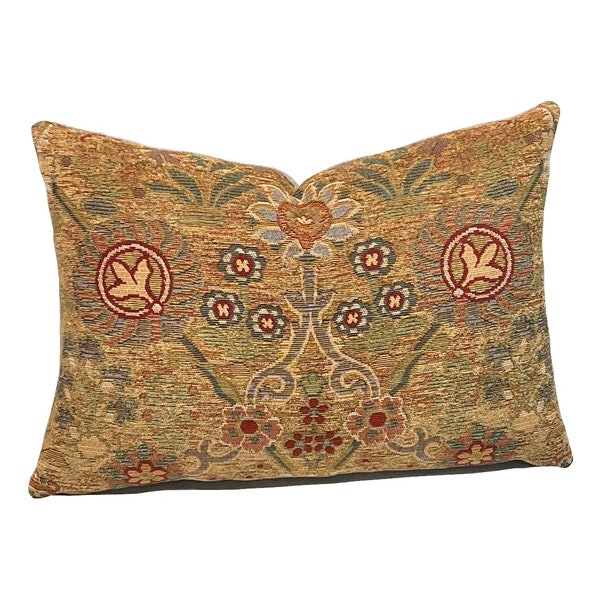 Designer Chenille Medallion Floral Pillow Cover | Red, Olive, Blue | Lumbar 14x20 | Bronze/Cinnamon Chenille Decorative Throw Pillow