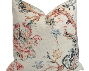 Multicolor Jacobean Floral Vine Pillow Cover - Kaufmann Majestic Heritage | Teal Red Coral Pillow | Designer Throw Pillow