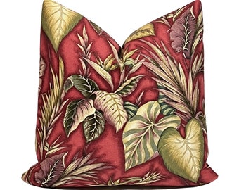 Tropical Leaf Pillow Cover | Copa Cabana Hawaii Leaf Pillow | Barkcloth Pillow | Burgundy, Green. Purple Leaf Pillow | Both Sides