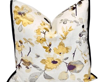 Grey Yellow Watercolor Floral/Botanical Pillow Cover with Flange | Home Decor Designer Pillow