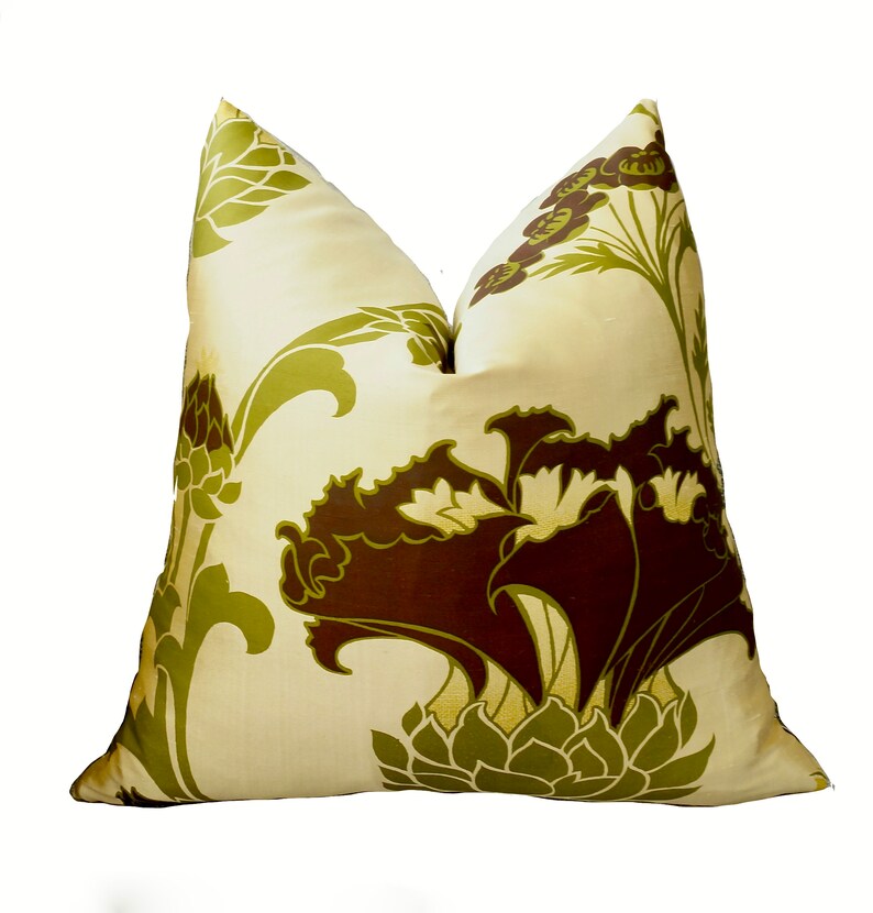 Accent Pillows PAIR High End Pillow Green Brown Floral Silk Pillow Cover Kiss Olive Modern Floral Designer Pillow