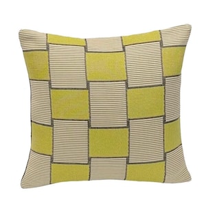 May include: Square decorative pillow with a geometric pattern. The pillow features a patchwork design with alternating sections of lime green squares and beige striped rectangles, outlined with dark gray lines.