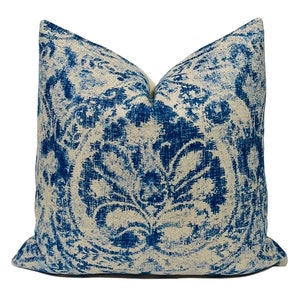 Duck Blue Fiorano Distressed Damask Floral Pillow Cover | Blue Natural Medallion Floral Pillow | Decorative Throw Pillow