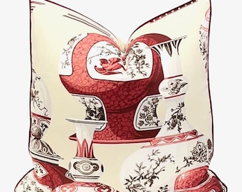 Red Chinoiserie Throw Pillow Cover: Oriental Ginger Jar Design