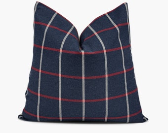 Navy Blazer Helios Plaid Wool Pillow Cover | Robert Allen | Red Blue Plaid | Decorative Pillow | Plaid Lumbar Pillow | Navy Throw Pillow