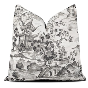 Chinoiserie Pillow Cover: Black & Grey Asian Scenic, Vern Yip Design (20x20)