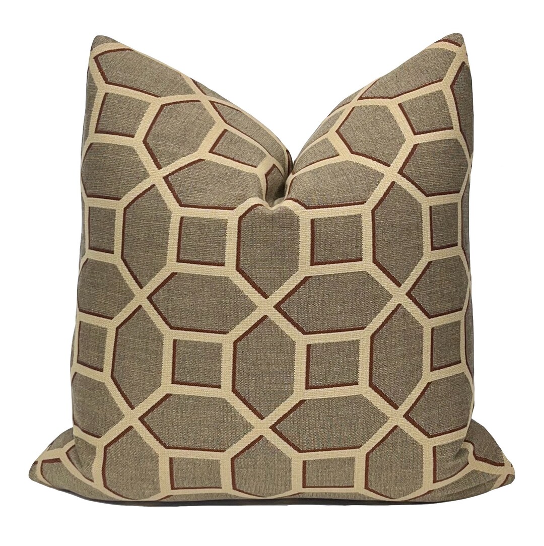 Kravet Design Brown Tan Geometric Trellis Jacquard Pillow Cover Decorative Pillow Designer