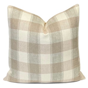 Fabricut Beige Tan Burlap Plaid Pillow Cover | Neutral Plaid Pillow | Buffalo Plaid | Decorative Throw Pillow Cover