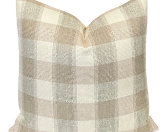 Fabricut Beige Tan Burlap Plaid Pillow Cover | Neutral Plaid Pillow | Buffalo Plaid | Decorative Throw Pillow Cover