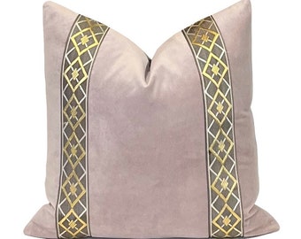 Heather Purple Solid Velvet Pillow Cover With Trim | Decorative Pillow | Gold Grey Geometric Trim | Lavender Throw Pillow Cover