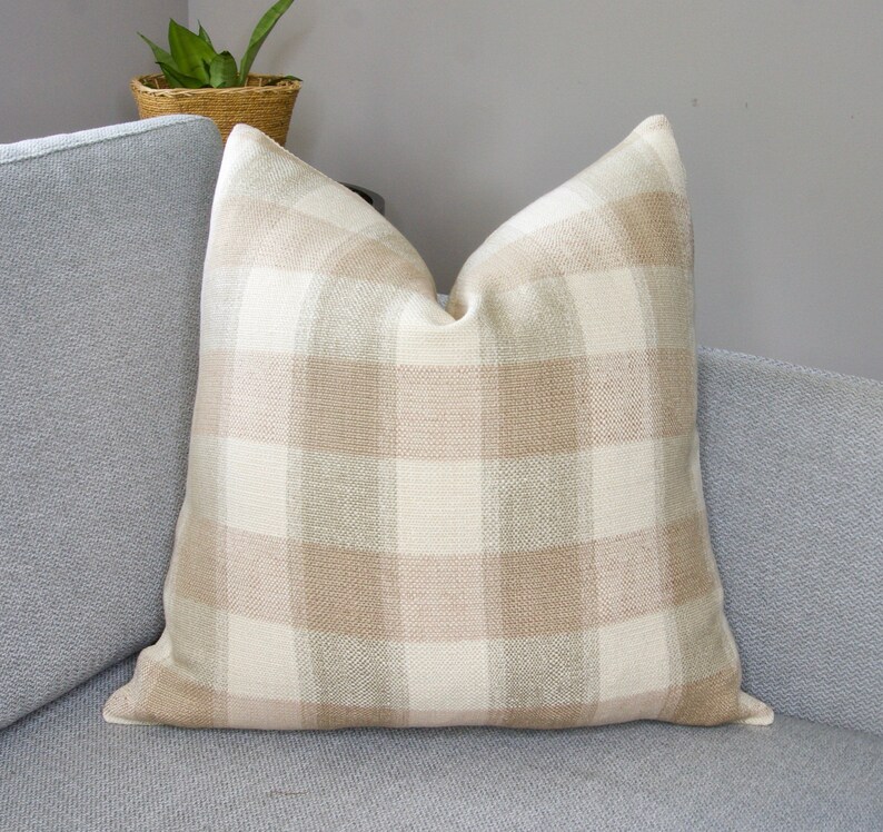 Ecru Light Blush Throw Pillow Fabricut Burlap Plaid in Linen Pillow Cover High End Pillows Gingham Plaid Cushion Accent Pillow Decor