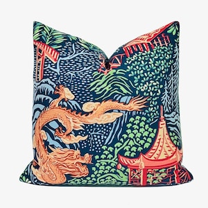 Asiatischer Drache Kissenbezug: Navy Red Chinoiserie Home Decor