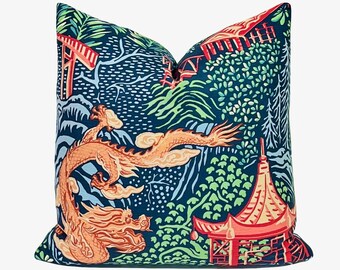 Asian Dragon Pillow Cover: Navy Red Chinoiserie Home Decor