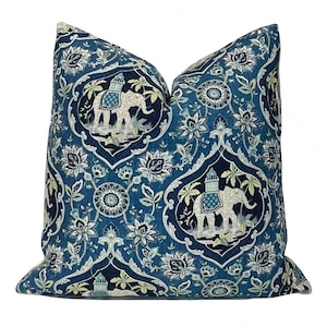 Blue Elephant Medallion Pillow Cover: Gray Toile Print