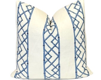 Cobalt Blue Asian Chinoiserie Lattice Bamboo Stripe Pillow Cover | Kravet Latticely Ultramarine | Blue Trellis Pillow | Decorative Pillow