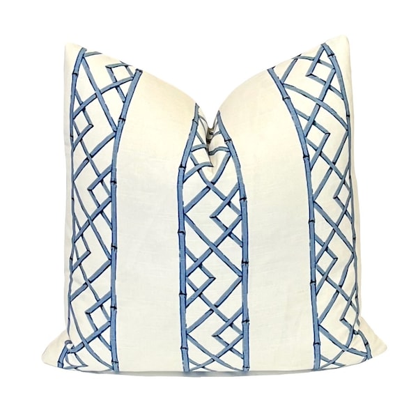 Cobalt Blue Asian Chinoiserie Lattice Bamboo Stripe Pillow Cover | Kravet Latticely Ultramarine | Blue Trellis Pillow | Decorative Pillow