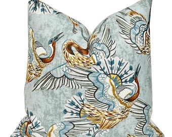 Blue Bronze Crane Birds Throw Pillow Cover | Home Decor Designer Pillow