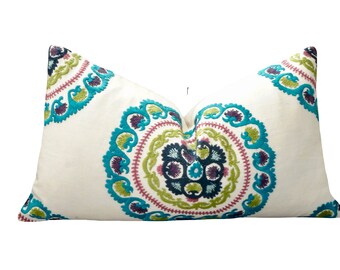 Benchi Calypso Blue Multicolor Embroidery Suzani Medallion Pillow Cover | Designer Pillow |Lumbar | Accent Pillow