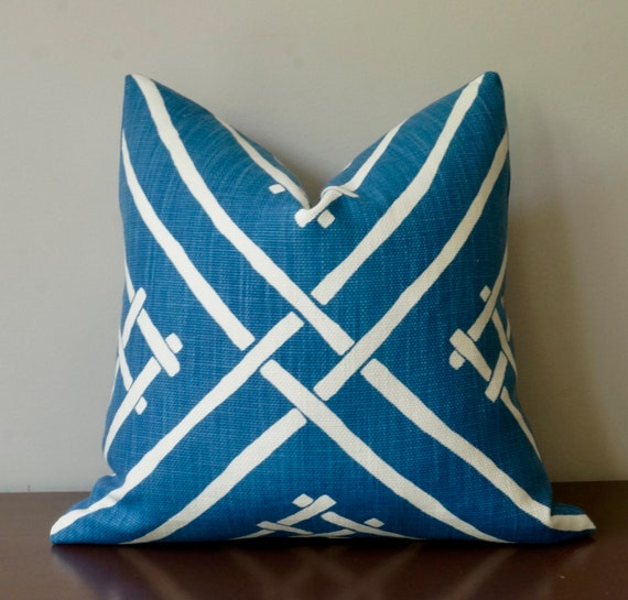 Blue And White Geometric Lattice Pillow Robert Allen Chez Etsy