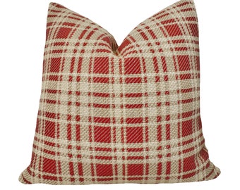 Megalli Crimson Twill Plaid Tartan Pillow Cover | Decorative Pillow | Plaid Cushion | Red Beige Plaid | Throw Pillow  | READY TO SHIP