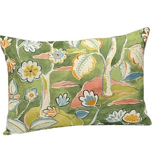 Multicolor Freya Garden Floral Pillow | Folk Art Floral Pillow | Blue Green Pink | Accent Lumbar Pillow | Botanical | Designer Pillow