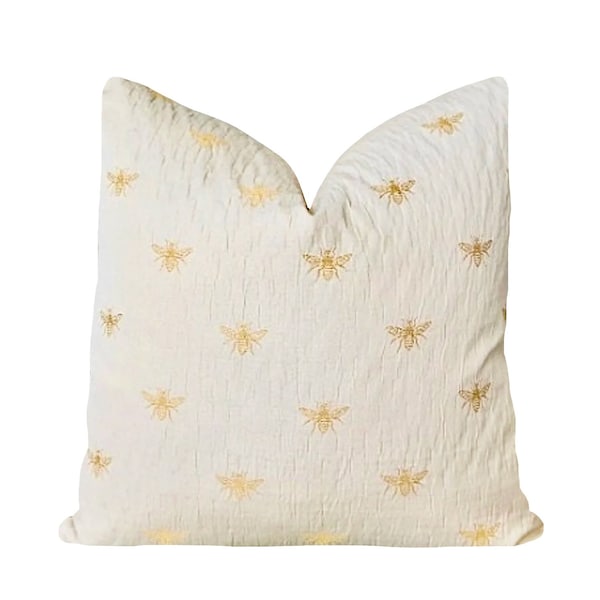 Gold Embroidered  Bee Pillow Cover Honig Buttercream  |  Decorative Pillow | Cream & Gold  Accent Pillow | Home Decor Pillow
