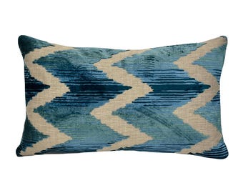 Teal Flamestitch/Chevron Cut Velvet Pillow Cover - Lee Jofa "Watersedge Aqua" | Designer Pillow - 12x22