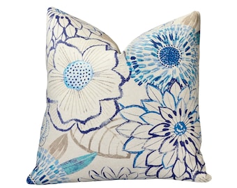 Blue and Beige Floral Pillow Cover | Decorative Floral Bloom Pillow | | Accent Pillow | Home Decor | Throw Pillows | Cushion Cover