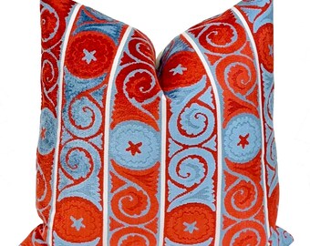 Cherry Red And Blue Swirl Stripe Jacquard Velvet Pillow Cover | Madcap Cottage Design | Throw Pillows