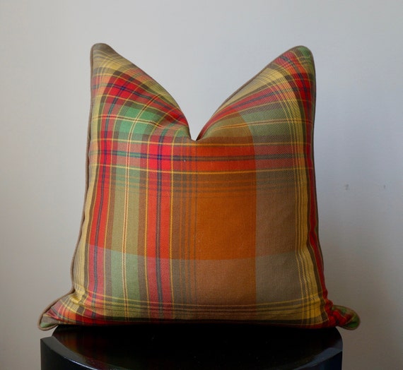 Designer Pillow Cover, Ralph Lauren Hanley Plaid Celadon, Red Brown Green Wool Plaid, OrangeGolden Yellow, Accent Pillows Designer Pillow Cover, Ralph Lauren Hanley Plaid Celadon, Red Brown Green Wool Plaid, OrangeGolden Yellow, Accent Pillows