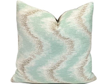 Rapier Glacier Aquamarine Seacrest Green Ikat Flamestitch Weave Pillow Cover | Designer Pillow | Decorative Throw Pillows