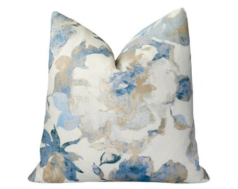 Arella Blue Beige Watercolor Floral Pillow Cover | Throw Pillow | Cushion | Richloom Performance | Floral Accent Pillow