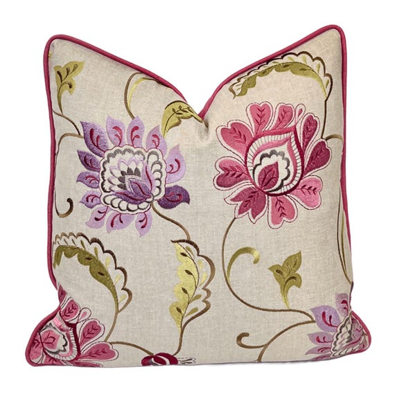 Pink/Purple Embroidered Floral Pillow Cover with Piping | Designer Pillow | Richloom Sasha Berry | Home Decor | Throw Pillows