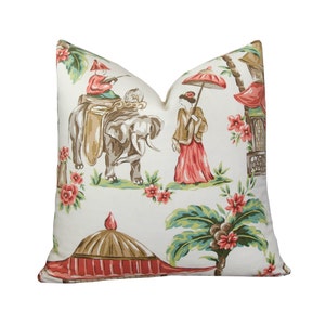 Charlotte Moss Chinoiserie Elephant/Boy Pillow Cover with Linen Cording and Back