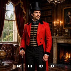 Mens Ringmaster Costume Red Tailcoat Circus Ringmaster Jacket Victorian Halloween Steampunk Coat