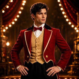 Mens Ringmaster Costume Red Tailcoat Circus Ringmaster Victorian Showman Halloween Steampunk Cosplay Outfit