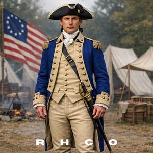 Könnte beinhalten: Ein Mann in einer Uniform aus der Zeit des Unabhängigkeitskrieges steht vor einer amerikanischen Kolonialflagge. Der blaue Mantel hat goldene Knöpfe und Epauletten. Er trägt einen Dreispitzhut und trägt ein Schwert. Das Bild hat die Buchstaben "R H C O" unten.