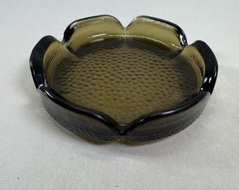 MCM Blenko Smokey Brown Heavy Ashtray Lotus Flower Design With Pebbled Bottom