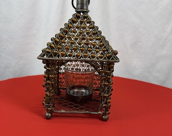 House Shaped Amber Beaded Bronzed Footed Hanging Tealight Candle Holder