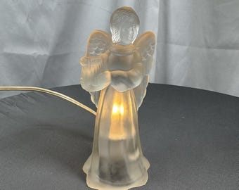 Clear Frosted Glass 6 inch Lighted Angel Playing Harp Figurine Nightlight