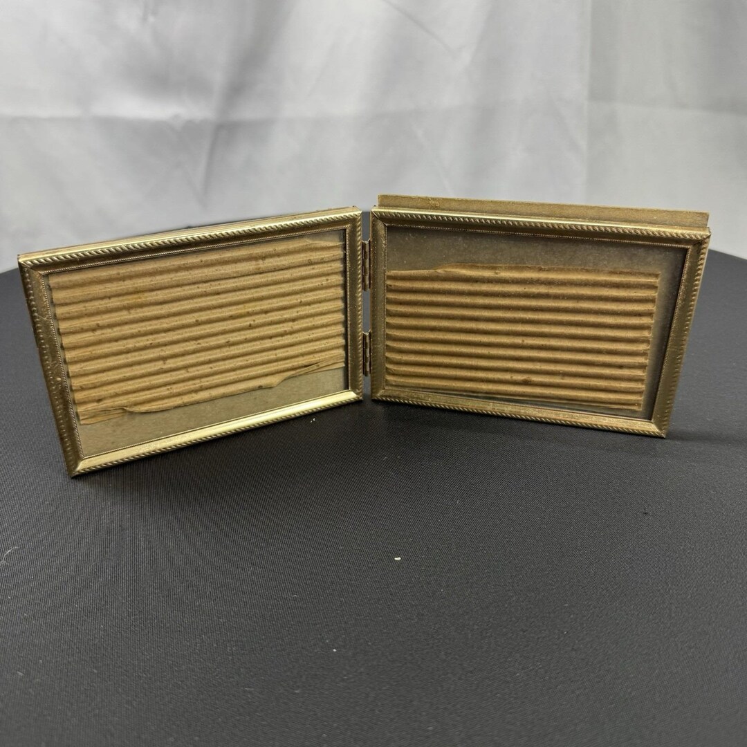 Vintage 3.5x5" Photo Frame Gold Tone Metal Hinged Double Picture Bi ...