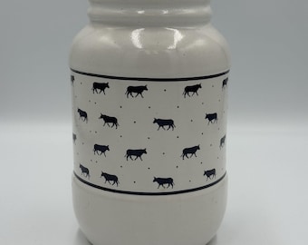 White Utensil Crock With Black Cows