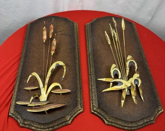 Mid Century Copper Brass Cattail Wheat Metal Sculpture Farmhouse Wall Decor set