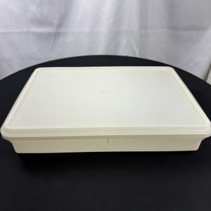 May include: A rectangular, off-white plastic container with a matching lid. The lid has a slightly raised center and fits snugly on the base. The container is designed for food storage and organization.