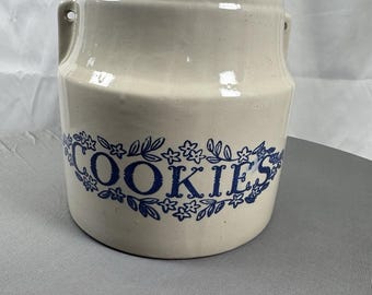 Vintage White Monmouth Pottery Stoneware Cookies cookie jar, Blue Trim, No Lid