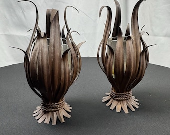 Vintage MCM Candle Holder Botanical Bronze Brown Iron Beautiful