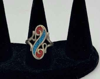Vintage Silver Turquoise & Coral Inlay Ring Size 7