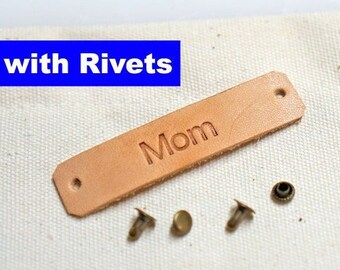 Personalized Leather MOM name tag with rivets - Custom leather name tag, leather hang tag, leather tag, leather gift tag, naming tag