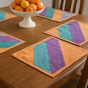 Retro dining room Kitchen DECO - Orange Purple Quilted fabric placemat (geometric patchwork) Retro vintage color | Pink Purple Cotton Linen