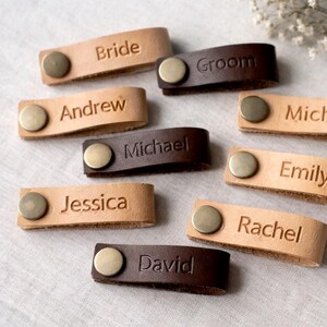 Personalized Leather name tag with snap button, Custom leather naming strap